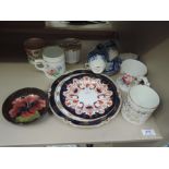 A selection of ceramics including 19th century plates, blue and white teaware/moustache cups and a
