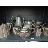 A selection of silver plate including two three piece tea sets, tea pot, Brittania metal tea set