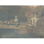 An oil painting, attributed to J Crome, river cottage and bridge, 11in x 15in