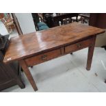 A vintage elm top kitchen table of French style, having two frieze drawers and square legs