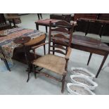 Two 19th century beech and elm vernacular ladder back armchairs having rush seats and turned frame