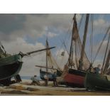 A Gouache painting, A J Wilson, fishing boats, Hastings, signed and attributed verso, 12in x 16in