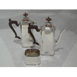 An Art Deco style three piece silver bachelor's coffee set of plain tall tapered rectangular form
