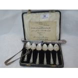 A cased set of six silver teaspoons having beaded decoration, Sheffield 1931, Viners, a pair of