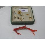 A branch coral brooch and small amount of yellow metal and 9ct gold including earrings