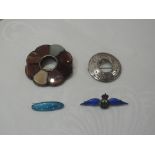 Three HM silver and white metal brooches including enamelled RAF sweetheart brooch, multi agate