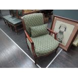 A modern mahogany period style armchair in the 19th century style having green upholstery and scroll