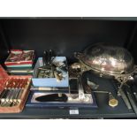 A box of silver plated flatware including Coronation tea spoons, cake slices, Norwegian servers,