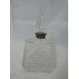A cut glass perfume bottle having silver collar and cut glass stopper, Birmingham 1925, Harman