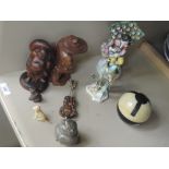 A selection of miscellaneous including porcelain figures, treen, and an Art Deco phenolic ashtray
