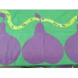 An abundance of vintage 60s/70s fabric with amazing bright purple pears on a green background,