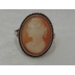 A lady's dress ring having a conche shell cameo plaque depicting a maiden in profile in a collared