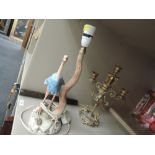 A Napoleon style table lamp modelled as a Stork, a Japanned needle/candle tin and a cloisonne
