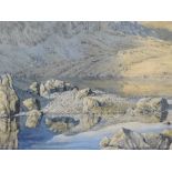 A watercolour, J Ingham Riley, Stickle Tarn, Pavey Ark, Langdale, signed, 13in x 21in