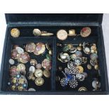 A vintage jewellery box containing a selection of antique buttons including cut steel, enamelled,