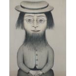 A print after L S Lowry, woman with beard, signed, 24in x 19.5in and a monochrome print after Lowry,