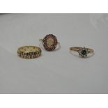 Three 9ct gold dress rings including cameo and wedding band