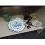 A 19th century ceramic stand of Cantonese design and selection of glass including ruby, dump, etc