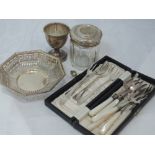 A small selection of HM silver including pickle forks having mother of pearl handles, egg cup,