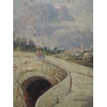 An oil painting on board, G Caselli, Italian Bridge and town, signed, 10.5in x 6in