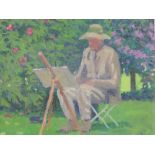 An oil painting on board, Macleod Coupe, painter in garden at easel, signed and dated (19)95, 9.