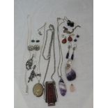A selection of white metal and HM silver jewellery including amethyst pendants, Baltic amber pendant