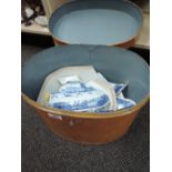 A late 18th century Chinese blue and white tureen in pieces, and a 19th century tin hat box