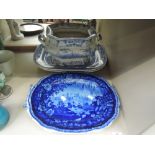 A selection of blue and white City of Lucknow tureen base, 19th century platters etc