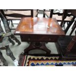 An early Victorian walnut and mahogany sewing/work table, of reduced size having drawer, column