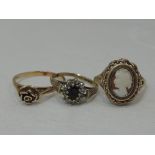 Three lady's 9ct gold dress rings including cameo and sapphire and cubic zirconia cluster