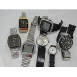 Six gents wrist watches including Globa Sea Timer, Swissam, Casio, Seiko etc and a lady's Sekonda