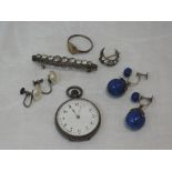 A small selection of white metal including small continental silver top wound pocket watch, signet