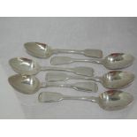 Six Georgian and Victorian silver dessert spoons of plain fiddle back form, London 1831/65, mixed