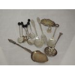 A small selection of HM silver including coffee spoons, souvenir, child's set, Port decanter