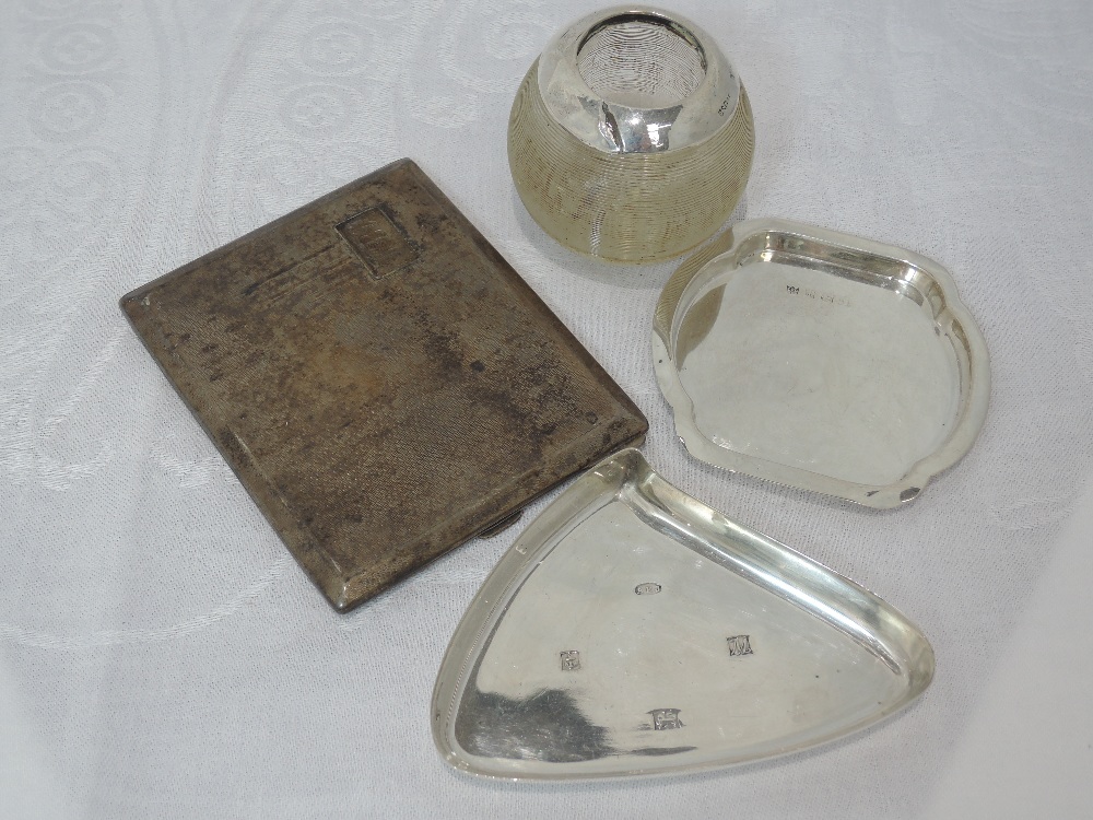 Four pieces of HM silver including a Victorian glass match striker by Salmon & Gluckstein, 1930's