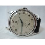 A gents steel 1950's Omega wrist watch no:15786845, having an Arabic numeral face and subsidiary