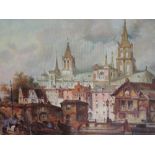 An oil painting on board, R Scalvini, Continental riverside cathedral city, 11in x 15in
