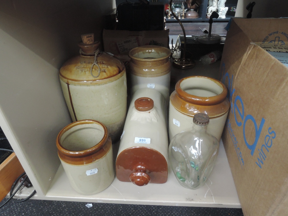 A selection of salt glaze ware, flagon, jars etc