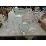 A glass dump, sixe crystal sherry glasses and a vase