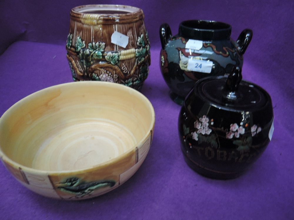 A selection of interesting ceramics including Majolica tobacco jar and Decoro