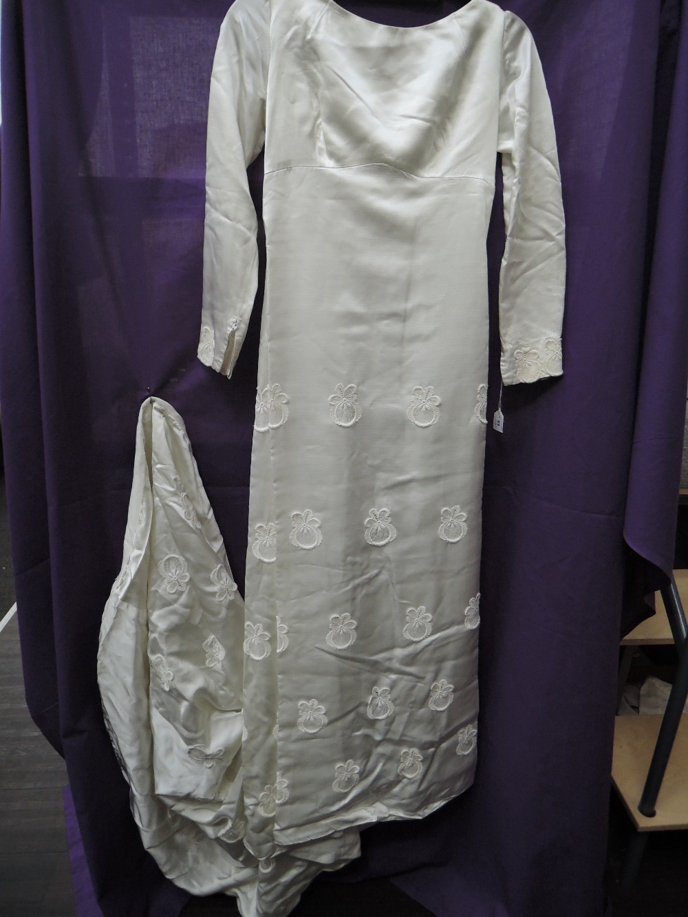 1960s wedding dress having lace detailing, long sleeves and train. Good condition, lovely quality,