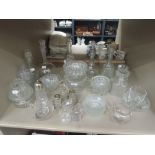 A selection of glassware including tazza, cruets, decanters