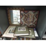 A selection of framed pictures, tapestry and a gilt mirror