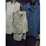 Two ladies linen/rayon blend two piece sets, and a denim dress, good condition.mixed sizes.