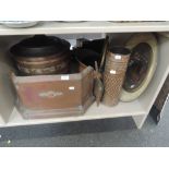 A selection of copper ware including coal helmet, small fender, poker stand etc
