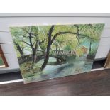 A large oil on canvas of rural river bank