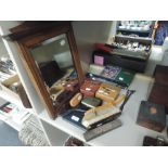 A selection of mens vanity items, razers, brushes mirror, slide rule and cumpasses etc