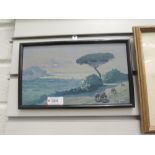 An oil painting on board V. Cluabou, continental moonlit coastal scene, indistinctly signed, 6in x