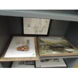 Three framed pictures, an acrylic Young Foxes signed Joyce Percival, an of a bridge signed Liam