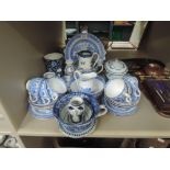 A selection of blue and white ware including part tea service